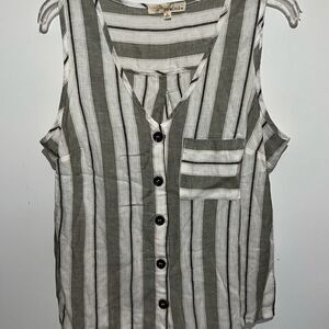 Rewind Women's Gray White Stripe V-Neck Linen Blend Button Front Tank Top‎ Large